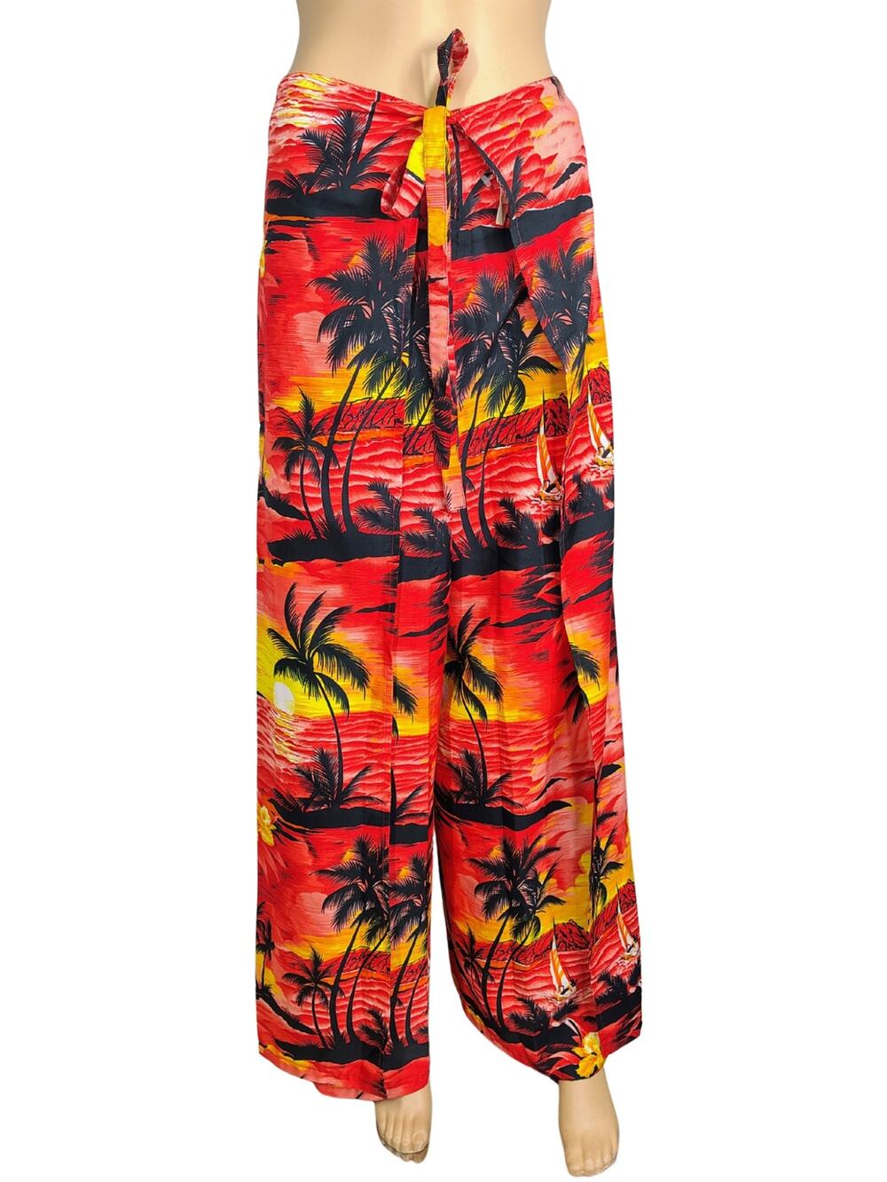 1990s Wrap Around Hawaiian Tropical Island Palm Tree Printed Pants Wide Leg OS